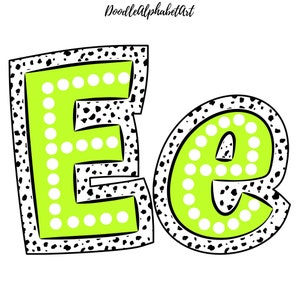 May include: A black and white polka dot design surrounds a bright green uppercase "E" and lowercase "e". Both letters are filled with white polka dots.