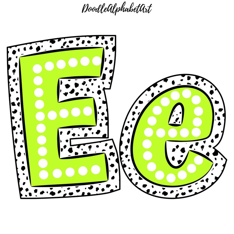 May include: A black and white polka dot design surrounds a bright green uppercase "E" and lowercase "e". Both letters are filled with white polka dots.
