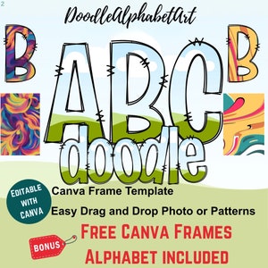 Canva Frame Doodle Alphabet UPPERCASE, lowercase and Numbers, Editable Canva Letters template Custom Fill Pattern Digital Downloads