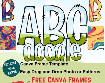 Canva Frame Doodle Alphabet UPPERCASE, lowercase and Numbers, Editable Canva Letters template Custom Fill Pattern Digital Downloads