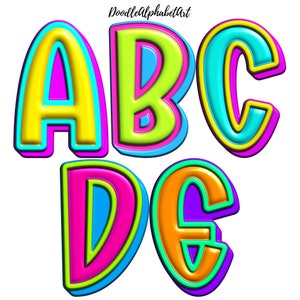 Retro Bright Funky Alphabet, Colorful Inflated Letters, 5 Alpha Sets, Digital Downloads, Perfect for Sublimation Designs, DIY Projects