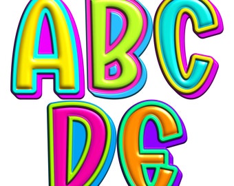 以下が含まれることがあります： 光沢のある仕上げのカラフルな3D文字A、B、C、D、E。各文字は、複数の色の層を持つ異なる配色になっています。文字は黒で縁取られています。