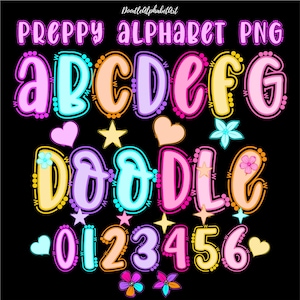 Preppy Doodle Letters PNG Bundle, 7 Colors Lines and dots Alphabet, 44 Colorful Preppy Clipart, Back to School Teacher Doodle Font PNG Craft