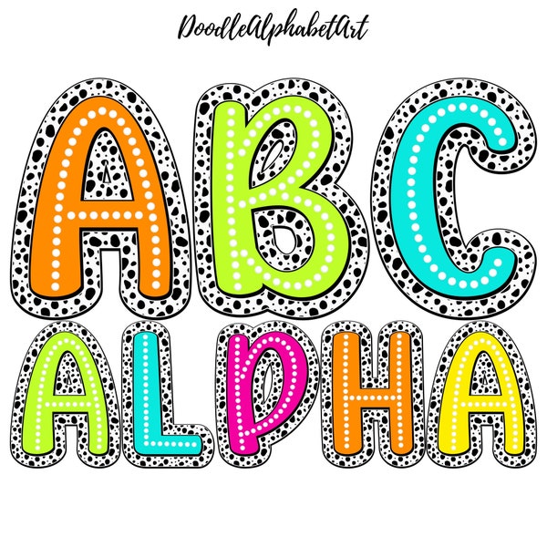 Spots Dalmatian Alphabet PNG Bundle, Uppercase Lowercase  and Numbers, Bright Color, 5 Alpha Sets, Polka Dot letters PNG, Digital Downloads