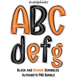 Black & Orange Scribble Letters PNG Bundle, White Splash Lines Doodle Alphabet, Digital Hand-Drawn Uppercase lowercase Letters and numbers