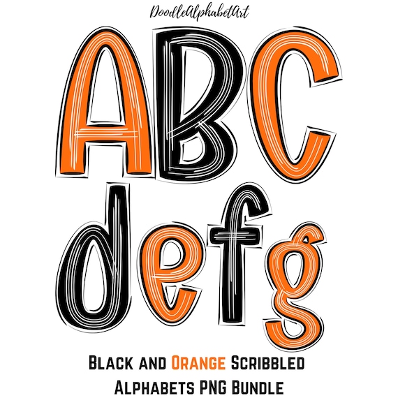 Black & Orange Scribble Letters PNG Bundle, White Splash Lines Doodle Alphabet, Digital Hand-Drawn Uppercase lowercase Letters and numbers