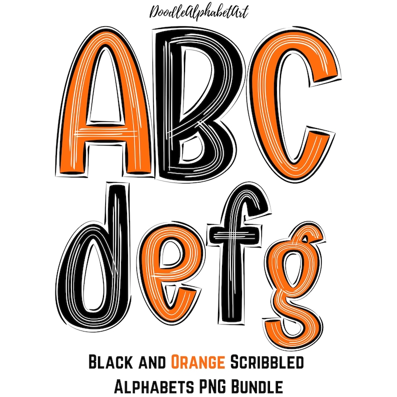 Black & Orange Scribble Letters PNG Bundle, White Splash Lines Doodle Alphabet