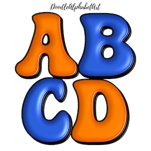 3D inflated Retro Groovy Alphabet Letters PNG, Royal Blue and Orange, Bubble Puffy letters PNG, Digital Sublimation