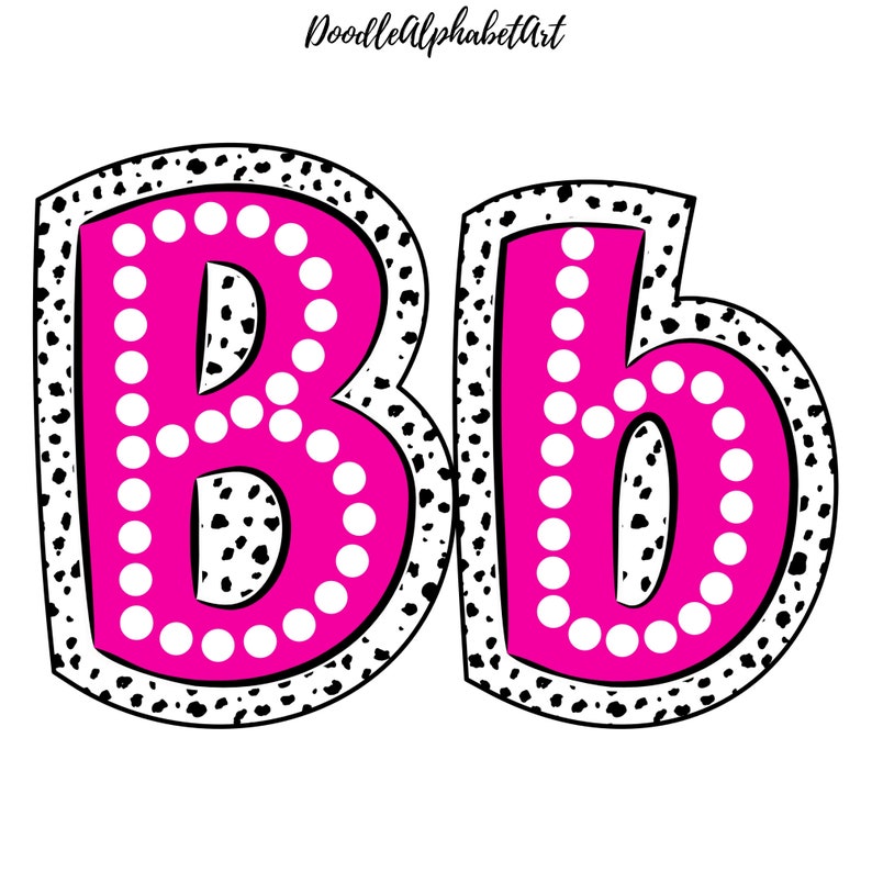 May include: Pink uppercase and lowercase letter B with white polka dots and a black and white dalmatian print border.