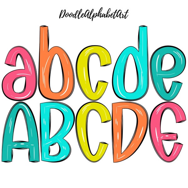 Doodle Alphabet PNG, Brush Stroke &  white curved lines, Bright Colors like Warm Pink, Mango Orange, Bright Turquoise, Peridot, Topaz