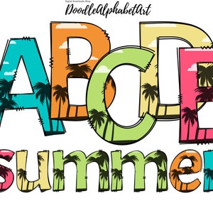 Palm Tree Summer Letters PNG, 5 Hand Drawn Doodle Alphabet Set in Summer Beach Color for Sublimation printing or DIY projects