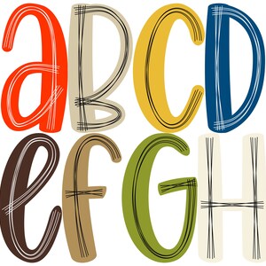 Scribble letters PNG in 8 Colors, ArtyClick Warm Red, Thistle Green, Golden Brown... Doodle Alphabet PNG, Hand Drawn PNG Digital Downloads