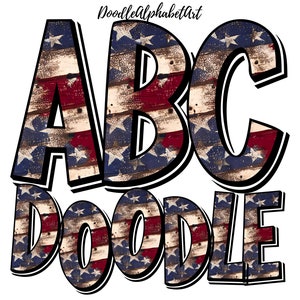 Patriotic USA Flag Doodle Alphabet PNG, Hand Drawn Letters featuring US Flag pattern for Sublimation Designs Digital Downloads
