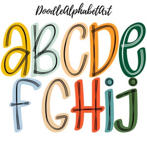 Scribble Alphabet letters PNG Set in 10 Colors, Golden, Edgewater, Peach Orange, Sunshade, Spruce..., Digital Hand Drawn Doodle Alphabet PNG