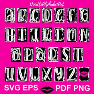 May include: A black and white alphabet with a distressed, hand-drawn style. Each letter is in a square with a black border. The letters are on a pink background. The text "DoodleAlphabetArt" is at the top of the image. The text "SVG EPS PDF PNG" is at the bottom of the image.