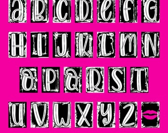 May include: A black and white alphabet with a distressed, hand-drawn style. Each letter is in a square with a black border. The letters are on a pink background. The text "DoodleAlphabetArt" is at the top of the image. The text "SVG EPS PDF PNG" is at the bottom of the image.