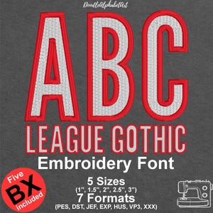 May include: Red, white, and gray embroidery font design for "ABC LEAGUE GOTHIC" in five sizes: 1 inch, 1.5 inches, 2 inches, 2.5 inches, and 3 inches.  Seven embroidery file formats are included: PES, DST, JEF, EXP, HUS, VP3, and XXX.