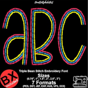May include: A digital embroidery font design featuring the letters a, B, and C in a triple bean stitch style. The letters are outlined in pink, blue, and yellow. Text includes DoodleAlphabetArt, Triple Bean Stitch Embroidery Font, BX included, and sizes 0.75", 1", 1.5", 2", 2.5", 3".