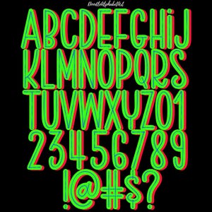 Neon Green Letters A-Z Scribble lines Doodle Font PNG