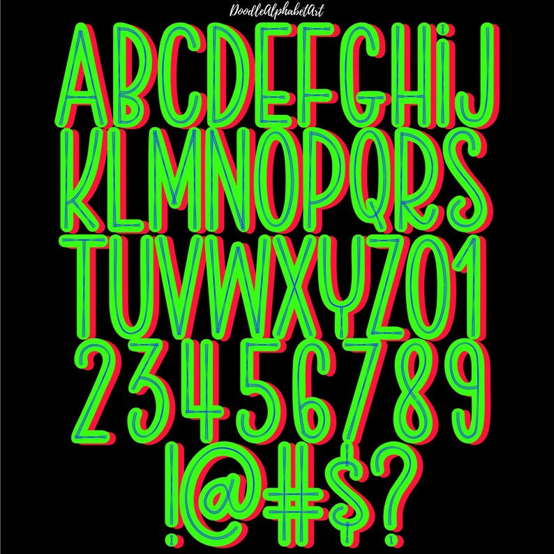 Neon Green Letters A-Z Scribble lines Doodle Font PNG