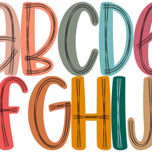 Scribble letters PNG in 10 Colors, Blush, Dark Salmon, Sage Green... Doodle Alphabet PNG, Hand Drawn Sublimation Designs Digital Downloads