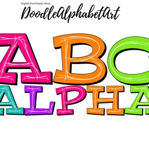 Bright Alphabet Doodle Set letters PNG in 5 Colors, Comic Lettering png, Comic Cartoon Alphabet PNG Bundle, Hand Drawn Sublimation PNG