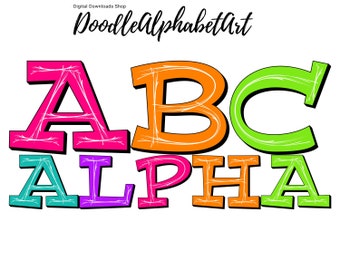 Bright Alphabet Doodle Set letters PNG in 5 Colors, Comic Lettering png, Comic Cartoon Alphabet PNG Bundle, Hand Drawn Sublimation PNG