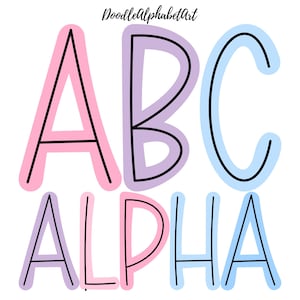 Black CenterLine Letters Uppercase PNG, Five Pastels Color Scheme feat. Baby Blue, Classic Rose, Handwritten font Doodle Alphabet PNG Bundle