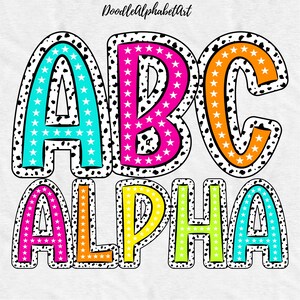 Dalmatian Star Letters PNG Bundle, Bright Colors, 5 Digital AlphaPacks, Dalmatian Dots background, Doodle Alphabet PNG, Sublimation Designs