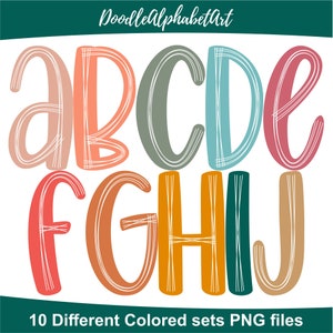 White Scribble letters png in 10 COLORS, Boho Doodle Alphabet PNG Bundle, Hand Drawn Alphabet Sublimation Clipart PNG Digital Downloads