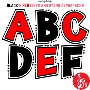 Red and Black Doodle Alphabet PNG with lines and Stars, Outlined Letters PNG Bundle, Hand-Drawn Alpha Set png for Sublimation and DIY Crafts