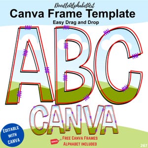 Canva frames Outlined Sketch Doodle Alphabet Template, 3-color strokes Letters, Easy Drag and Drop, Fill Custom colors Alpha frames