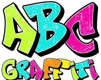 May include: Colorful graffiti-style design featuring the letters "ABC" in neon green, turquoise, and pink, with black outlines. Below, the word "GRAFFITI" is displayed in a similar style, with a white background. The text "DoodleAlphabetArt" is at the top.