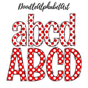 Red Polka Dot Doodle Alphabet PNG Bundle, Uppercase & Lowercase Letters, Numbers, PNG Doodle Letters, Digital Downloads