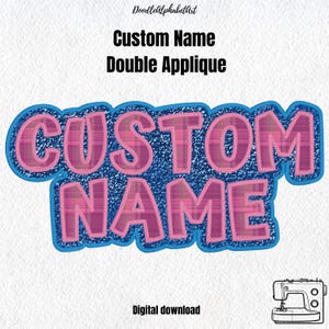 May include: A digital design featuring the text "CUSTOM NAME" in a pink and purple plaid pattern with a blue glitter border. The text "DoodleAlphabetArt", "Custom Name Double Applique", and "Digital download" are visible above and below the graphic.
