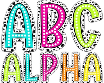 Bright Dalmatian Alphabet Letters PNG Bundle, 5 Dots Alpha Sets, Vibrant Bright Digital Clipart Marquee Alphabet for Sublimation Designs