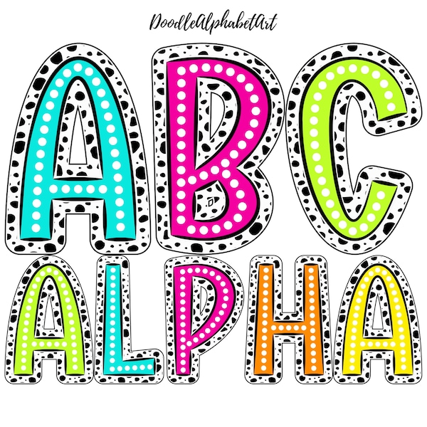 Bright Dalmatian Alphabet Letters PNG Bundle, 5 Dots Alpha Sets, Vibrant Bright Digital Clipart Marquee Alphabet for Sublimation Designs