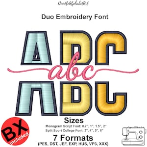 May include: Duo Embroidery Font design featuring the letters A, B, C, D, a, b, c, in a stylized font. The letters are in light blue and gold with dark blue outlines. The image includes size options and 7 formats.