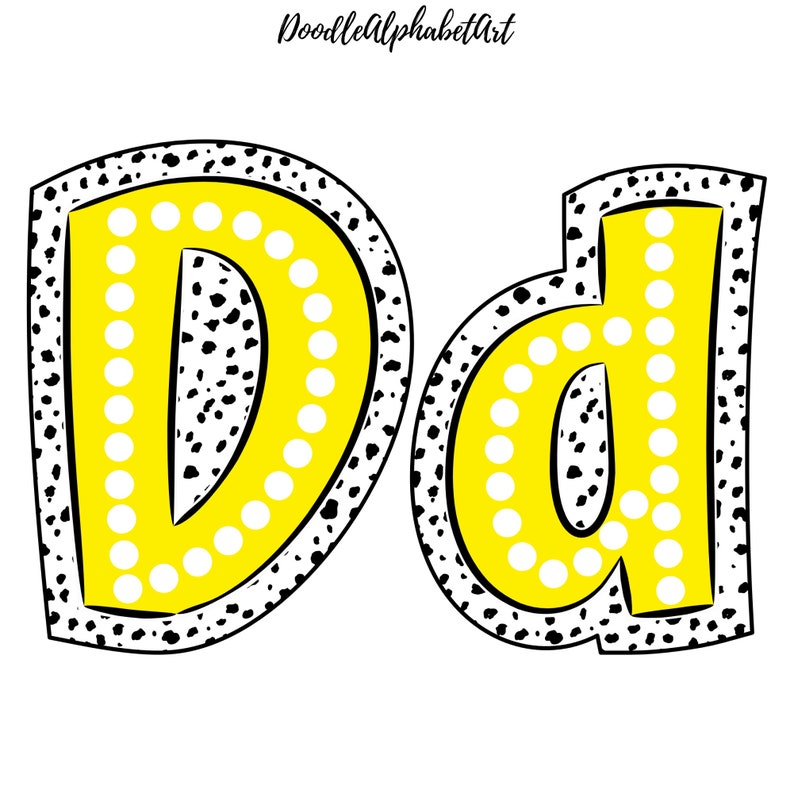 May include: A yellow uppercase letter D and a lowercase letter d with a black and white polka dot border and white circles around the edges of the letters.
