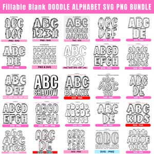 May include: A digital collection of twenty-five distinct alphabet and number sets in black and white line art. Each set features various doodle-style fonts, including bubble, block, and decorative lettering, labelled with file formats like SVG and PNG.