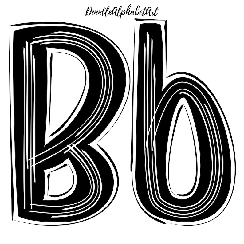 May include: Black and white doodle style illustration of the letters B and b. The letters are made up of multiple overlapping lines.