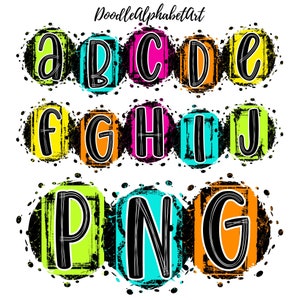 Distressed Grunge Paint Splats Letters PNG Bundle, Scribble Black & White Alphabet PNG, Bright Colors, Digital Downloads for sublimation