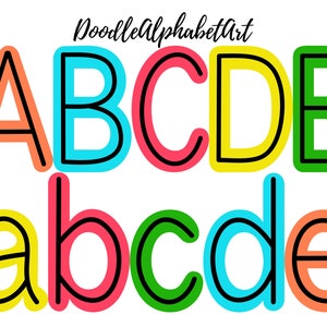 Center Line Doodle Alphabet PNG Bundle, Vibrant Life Color Scheme, Digital Hand Drawn Scribble Letters Sublimation Designs