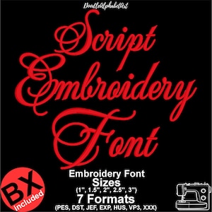 Puede incluir: Gráfico negro con texto rojo "Script Embroidery Font". La imagen incluye tamaños de fuente de 2,5 cm a 7,6 cm y 7 formatos. Un círculo rojo con "BX included" está en la esquina inferior izquierda. Una máquina de coser está en la esquina inferior derecha.