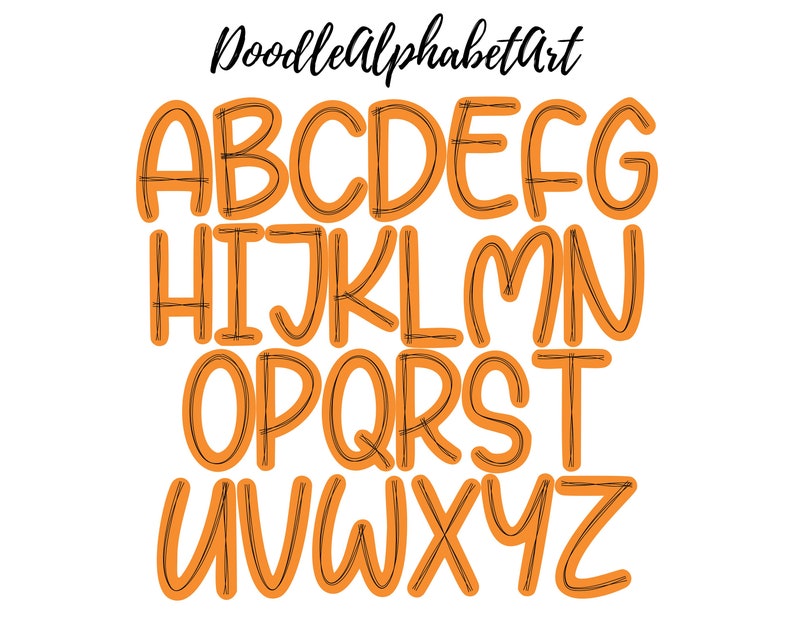 May include: Orange alphabet letters with a black outline. The letters are in a handwritten style, with a slightly messy look. The letters are all uppercase.