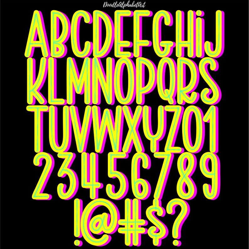 Neon Yellow Doodle Alphabet PNG Bundle Scribble style