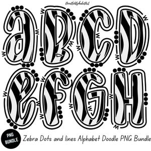 May include: Black and white zebra print alphabet letters A through H. Each letter has a bold outline and is decorated with black dots. The letters are in a doodle style.