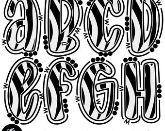 Zebra Doodle Alphabet PNG Bundle: Black & White Outlined Letters (Digital Download)