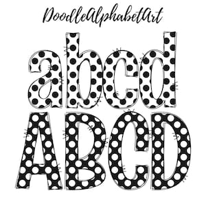 Black and White Polka Dot Doodle Alphabet PNG Bundle, Uppercase & Lowercase Letters, Numbers, PNG Dots Doodle Letters, Digital Downloads