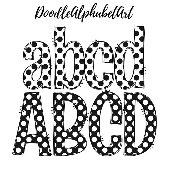 Black and White Polka Dot Doodle Alphabet PNG Bundle, Uppercase